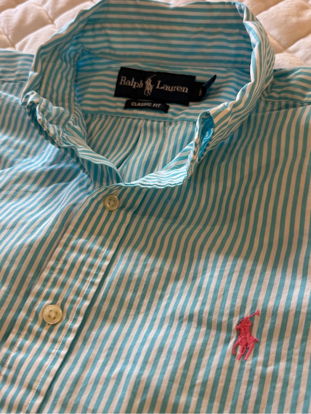Polo Ralph Lauren Classic Fit Button Down Shirt Aqua Blue White Striped Size L